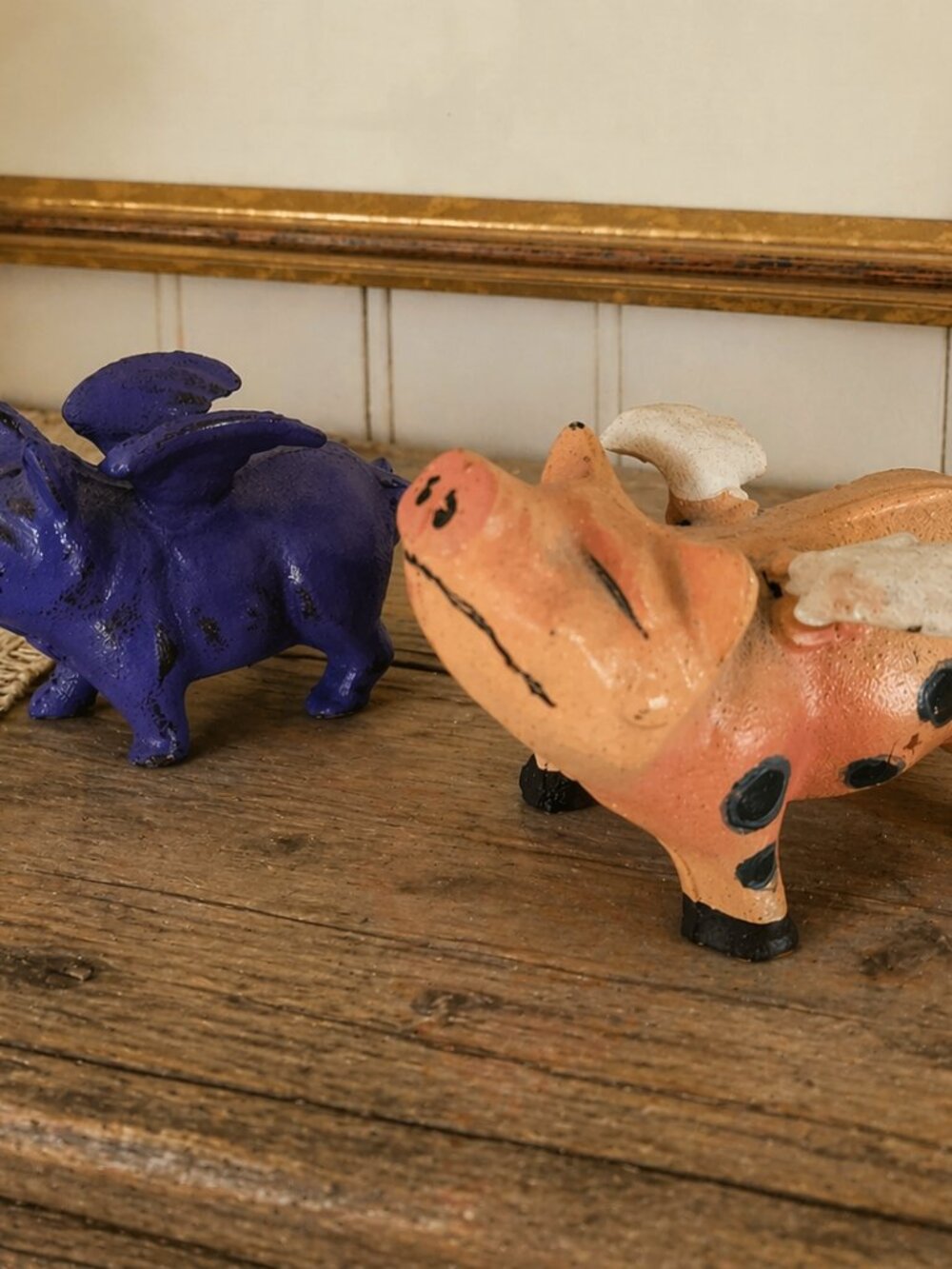 Vintage Flying Pig Set Of 2 Cast Iron Hand-painted Figurines Sculptures